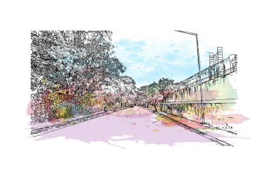 Merida 'nın simgesi olan Print Building View, Meksika' daki bir şehirdir. Vektörde elle çizilmiş resim ile suluboya sıçraması.