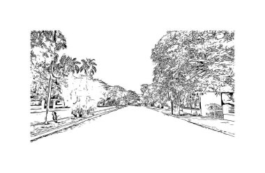 Merida 'nın simgesi olan Print Building View, Meksika' daki bir şehirdir. Vektörde elle çizilmiş çizim çizimi.