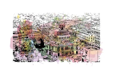 Meksika 'nın simgesi olan Print Building View, Meksika' nın başkentidir. Vektörde elle çizilmiş resim ile suluboya sıçraması.