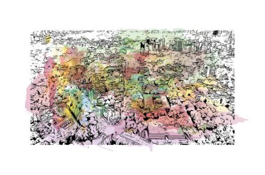 Meksika 'nın simgesi olan Print Building View, Meksika' nın başkentidir. Vektörde elle çizilmiş resim ile suluboya sıçraması.