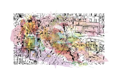 Meksika 'nın simgesi olan Print Building View, Meksika' nın başkentidir. Vektörde elle çizilmiş resim ile suluboya sıçraması.