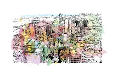 Meksika 'nın simgesi olan Print Building View, Meksika' nın başkentidir. Vektörde elle çizilmiş resim ile suluboya sıçraması.