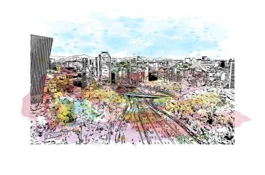 Meksika 'nın simgesi olan Print Building View, Meksika' nın başkentidir. Vektörde elle çizilmiş resim ile suluboya sıçraması.