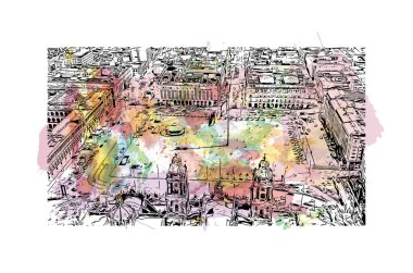 Meksika 'nın simgesi olan Print Building View, Meksika' nın başkentidir. Vektörde elle çizilmiş resim ile suluboya sıçraması.