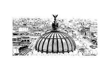 Meksika 'nın simgesi olan Print Building View, Meksika' nın başkentidir. Vektörde elle çizilmiş çizim çizimi.