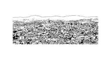 Meksika 'nın simgesi olan Print Building View, Meksika' nın başkentidir. Vektörde elle çizilmiş çizim çizimi.