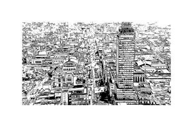 Meksika 'nın simgesi olan Print Building View, Meksika' nın başkentidir. Vektörde elle çizilmiş çizim çizimi.
