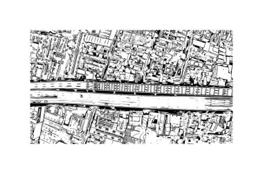 Meksika 'nın simgesi olan Print Building View, Meksika' nın başkentidir. Vektörde elle çizilmiş çizim çizimi.
