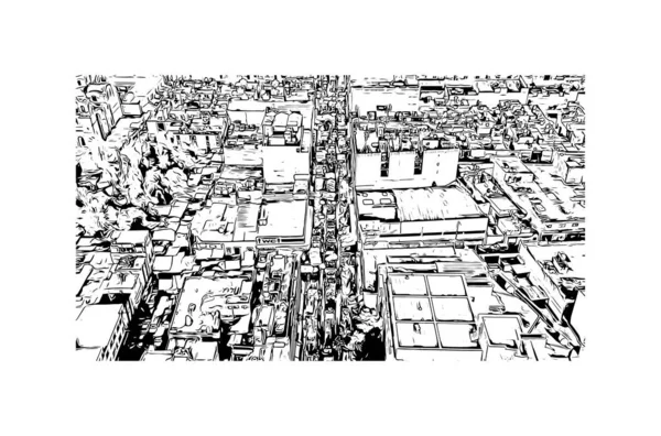 Meksika 'nın simgesi olan Print Building View, Meksika' nın başkentidir. Vektörde elle çizilmiş çizim çizimi.
