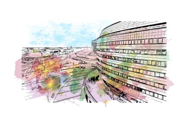 Print Building view with landmark of Minsk is capital of Belarus. Vektörde elle çizilmiş resim ile suluboya sıçraması.