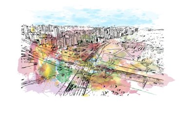 Print Building view with landmark of Minsk is capital of Belarus. Vektörde elle çizilmiş resim ile suluboya sıçraması.