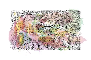 Print Building view with landmark of Minsk is capital of Belarus. Vektörde elle çizilmiş resim ile suluboya sıçraması.