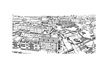 Print Building view with landmark of Minsk is capital of Belarus. Vektörde elle çizilmiş çizim çizimi.