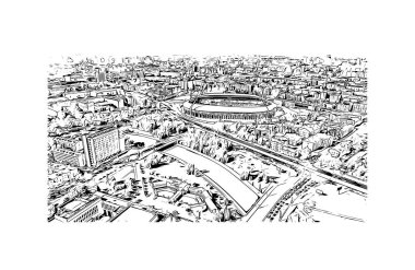 Print Building view with landmark of Minsk is capital of Belarus. Vektörde elle çizilmiş çizim çizimi.