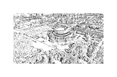 Print Building view with landmark of Minsk is capital of Belarus. Vektörde elle çizilmiş çizim çizimi.