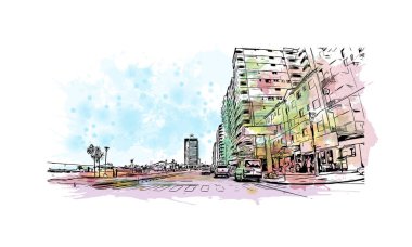 Miramar 'ın simgesi olan Print Building View Florida' da bulunmaktadır. Vektörde elle çizilmiş resim ile suluboya sıçraması.