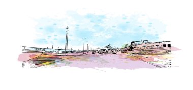 Miramar 'ın simgesi olan Print Building View Florida' da bulunmaktadır. Vektörde elle çizilmiş resim ile suluboya sıçraması.