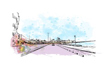 Miramar 'ın simgesi olan Print Building View Florida' da bulunmaktadır. Vektörde elle çizilmiş resim ile suluboya sıçraması.