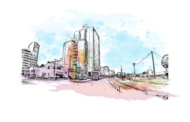 Miramar 'ın simgesi olan Print Building View Florida' da bulunmaktadır. Vektörde elle çizilmiş resim ile suluboya sıçraması.