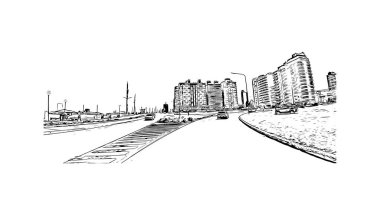Miramar 'ın simgesi olan Print Building View Florida' da bulunmaktadır. Vektörde elle çizilmiş çizim çizimi.