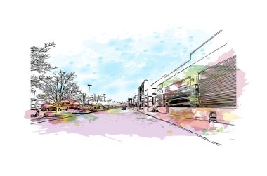 Mishawaka 'nın simgesi olan Print Building View Indiana' da bulunmaktadır. Vektörde elle çizilmiş resim ile suluboya sıçraması.