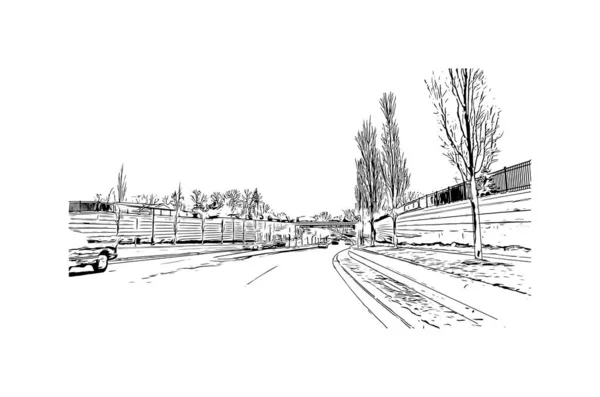 米沙瓦卡的标志性建筑是印第安纳州的一个城市 矢量手绘草图 — 图库矢量图片