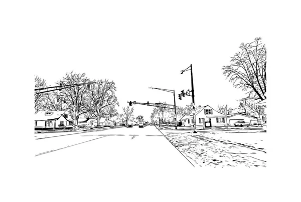 Print Building View Landmark Mishawaka Staden Indiana Handritad Skiss Illustration — Stock vektor