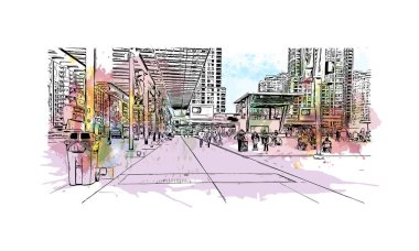 Print Building view with landmark of Mississauga is the city in Canada. Vektörde elle çizilmiş resim ile suluboya sıçraması.