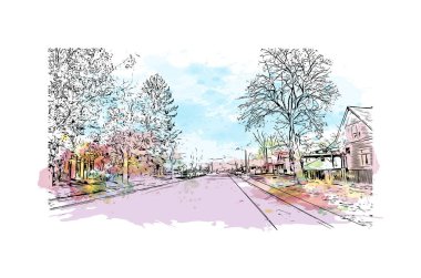 Missoula 'nın simgesi olan Print Building View, Montana' daki bir şehirdir. Vektörde elle çizilmiş resim ile suluboya sıçraması.