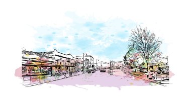 Missoula 'nın simgesi olan Print Building View, Montana' daki bir şehirdir. Vektörde elle çizilmiş resim ile suluboya sıçraması.