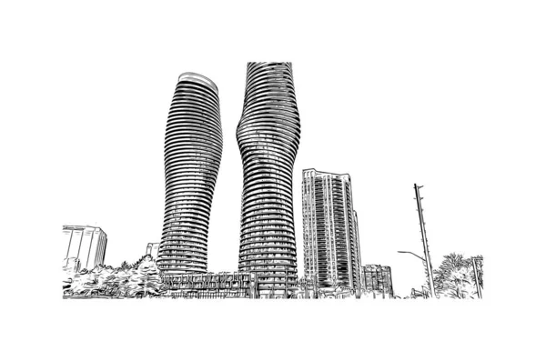 Imprimir Vista Del Edificio Con Hito Mississauga Ciudad Canadá Dibujo — Vector de stock