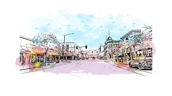 印刷Missoulaのランドマークとビルの景色はモンタナ州の街です 手描きのスケッチイラストと水彩スプラッシュベクトル — ストックベクタ
