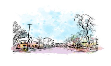 Missoula 'nın simgesi olan Print Building View, Montana' daki bir şehirdir. Vektörde elle çizilmiş resim ile suluboya sıçraması.