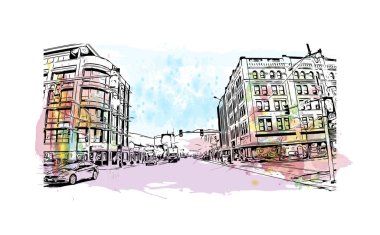 Missoula 'nın simgesi olan Print Building View, Montana' daki bir şehirdir. Vektörde elle çizilmiş resim ile suluboya sıçraması.
