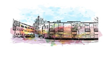 Missoula 'nın simgesi olan Print Building View, Montana' daki bir şehirdir. Vektörde elle çizilmiş resim ile suluboya sıçraması.