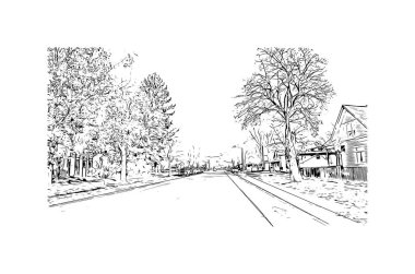 Missoula 'nın simgesi olan Print Building View, Montana' daki bir şehirdir. Vektörde elle çizilmiş çizim çizimi.