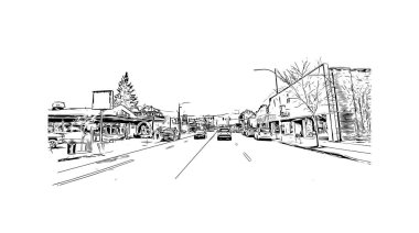 Missoula 'nın simgesi olan Print Building View, Montana' daki bir şehirdir. Vektörde elle çizilmiş çizim çizimi.