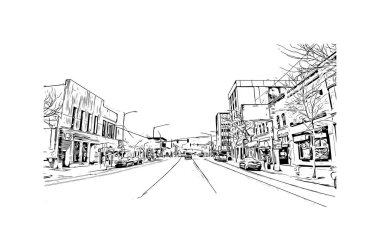 Missoula 'nın simgesi olan Print Building View, Montana' daki bir şehirdir. Vektörde elle çizilmiş çizim çizimi.