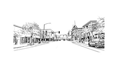 Missoula 'nın simgesi olan Print Building View, Montana' daki bir şehirdir. Vektörde elle çizilmiş çizim çizimi.