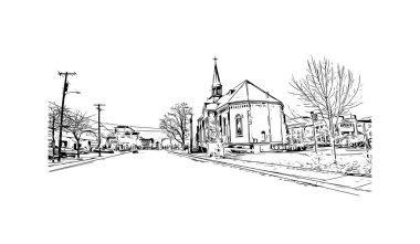 Missoula 'nın simgesi olan Print Building View, Montana' daki bir şehirdir. Vektörde elle çizilmiş çizim çizimi.