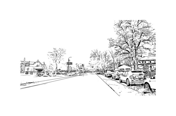 印刷Missoulaのランドマークとビルの景色はモンタナ州の街です 手描きのスケッチ図ベクトル — ストックベクタ