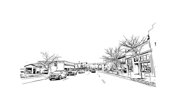 印刷Missoulaのランドマークとビルの景色はモンタナ州の街です 手描きのスケッチ図ベクトル — ストックベクタ