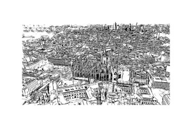 Baskı Binası, Milano 'nun simgesi olan İtalya' nın başkentidir. Vektörde elle çizilmiş çizim çizimi.