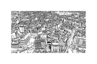 Baskı Binası, Milano 'nun simgesi olan İtalya' nın başkentidir. Vektörde elle çizilmiş çizim çizimi.