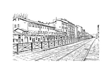 Baskı Binası, Milano 'nun simgesi olan İtalya' nın başkentidir. Vektörde elle çizilmiş çizim çizimi.