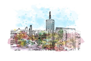 Baskı Binası, Milano 'nun simgesi olan İtalya' nın başkentidir. Vektörde elle çizilmiş resim ile suluboya sıçraması.