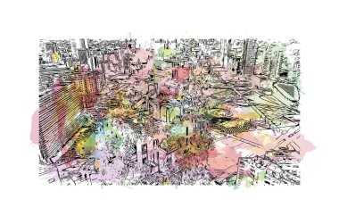 Baskı Binası, Milano 'nun simgesi olan İtalya' nın başkentidir. Vektörde elle çizilmiş resim ile suluboya sıçraması.