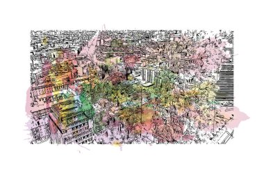 Baskı Binası, Milano 'nun simgesi olan İtalya' nın başkentidir. Vektörde elle çizilmiş resim ile suluboya sıçraması.