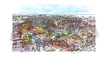 Baskı Binası, Milano 'nun simgesi olan İtalya' nın başkentidir. Vektörde elle çizilmiş resim ile suluboya sıçraması.