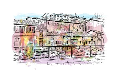 Baskı Binası, Milano 'nun simgesi olan İtalya' nın başkentidir. Vektörde elle çizilmiş resim ile suluboya sıçraması.